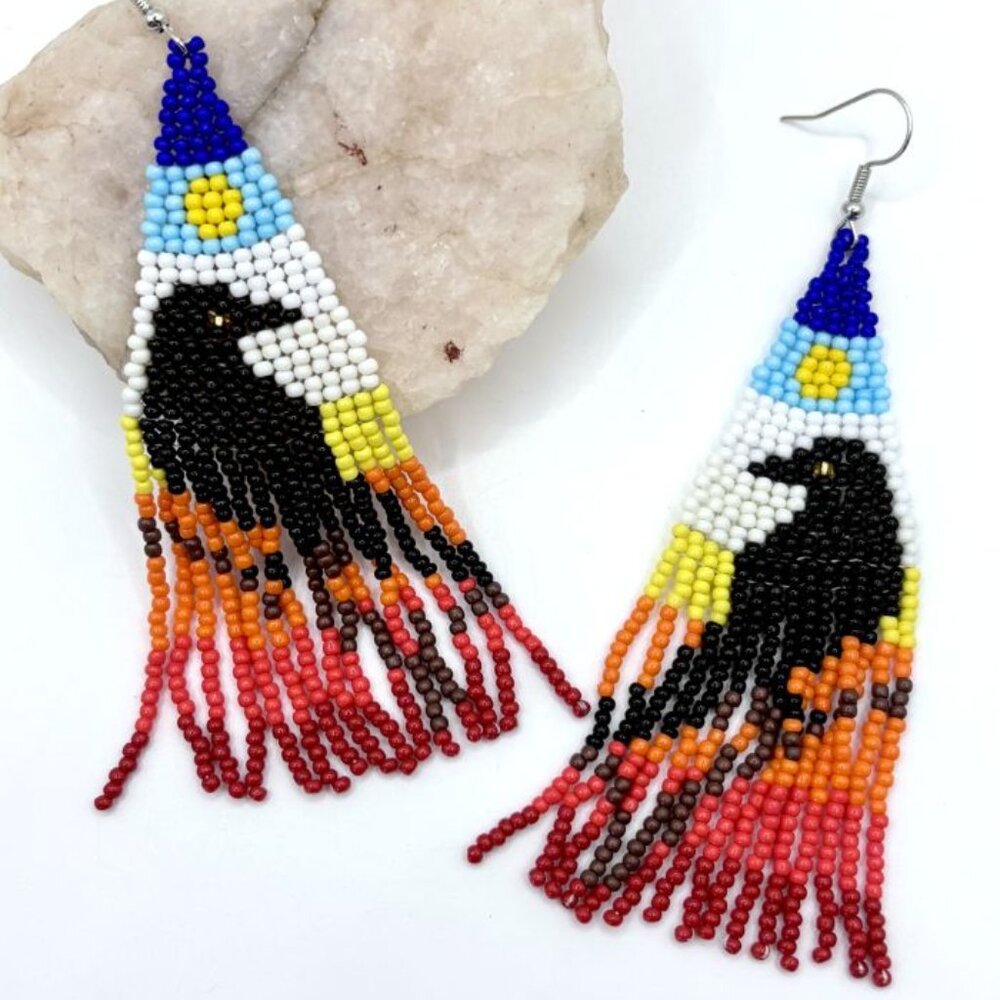 Native American-Inspired Black Ravens Crow Bird Hand Beaded Tassel Earrings New